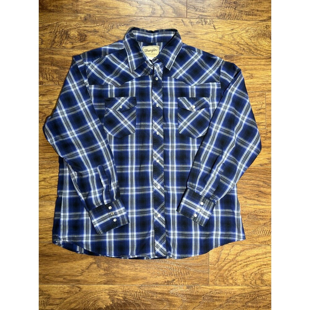 Wrangler Mens Pearl Snap Button Shirt XL. Blue Plaid